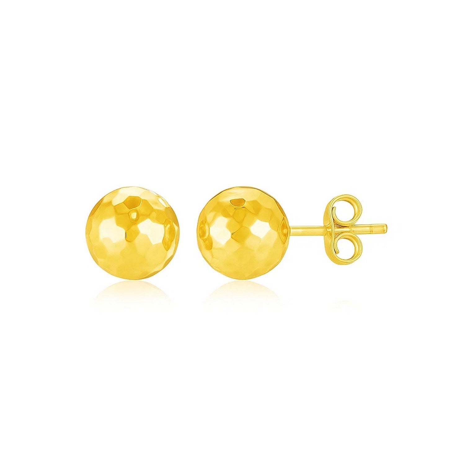 14k yellow gold faceted ball stud earrings with pushback clasps.