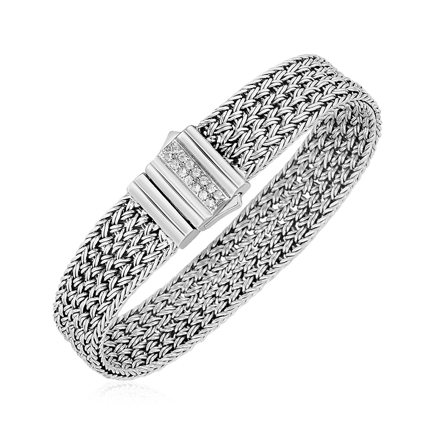 Sterling silver woven rope bracelet with a white sapphire accented box clasp.