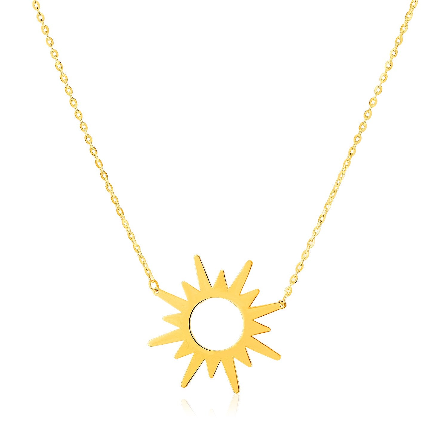 14K yellow gold sunburst necklace with a polished sun pendant on a delicate chain.