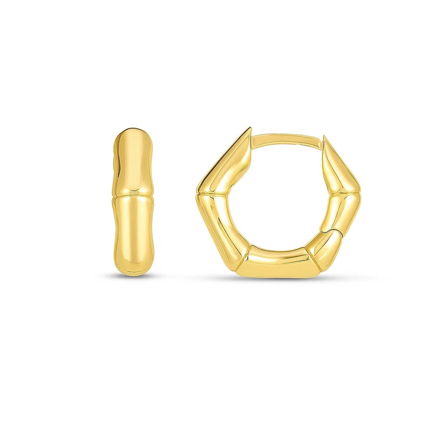 14k yellow gold bamboo huggie hoop earrings with a high polish finish.