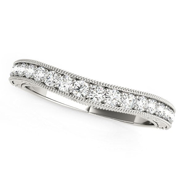14k white gold curved diamond wedding ring with a bead border.