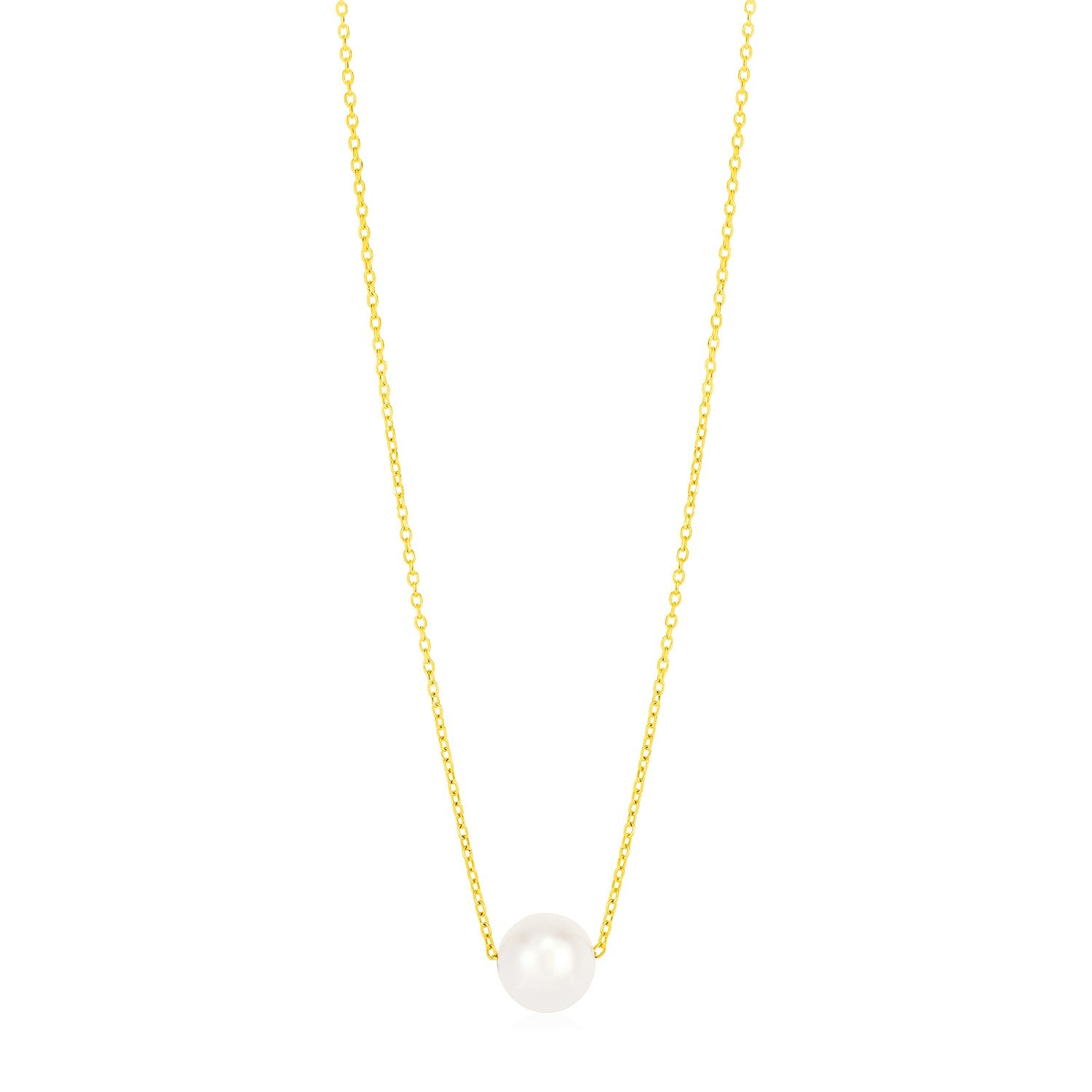 A 14k yellow gold link chain necklace features a single 7mm pearl.