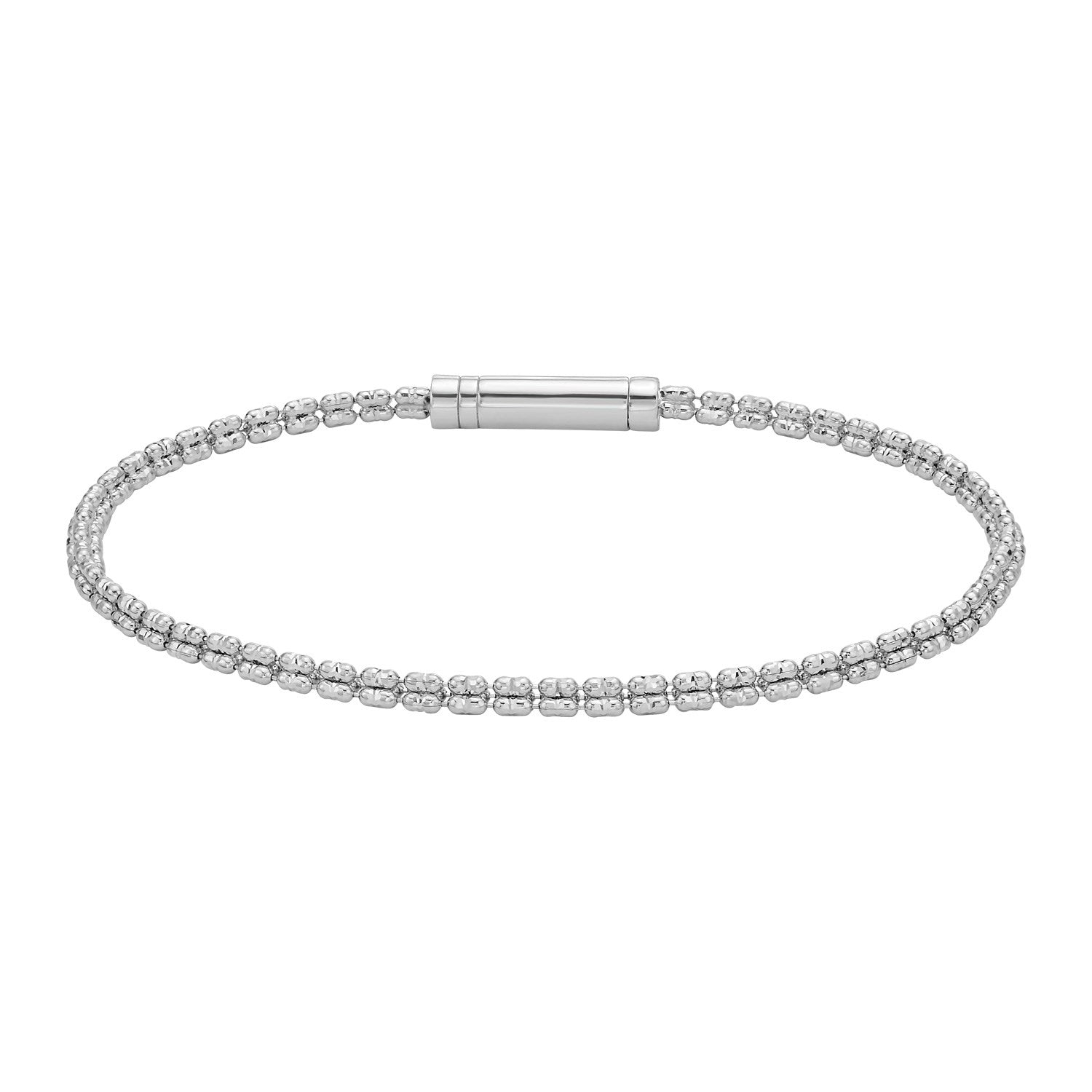 14K white gold fancy ice chain bracelet with a smooth bar clasp.