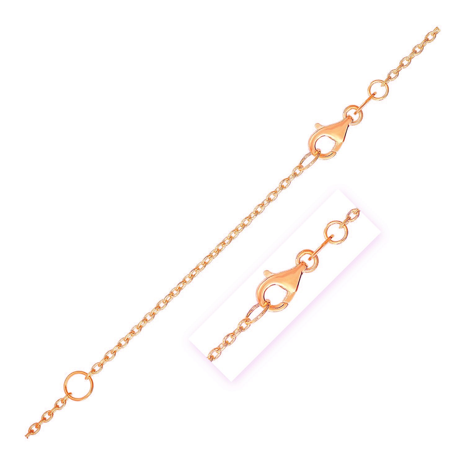 Extendable 14k rose gold cable chain with a lobster clasp.