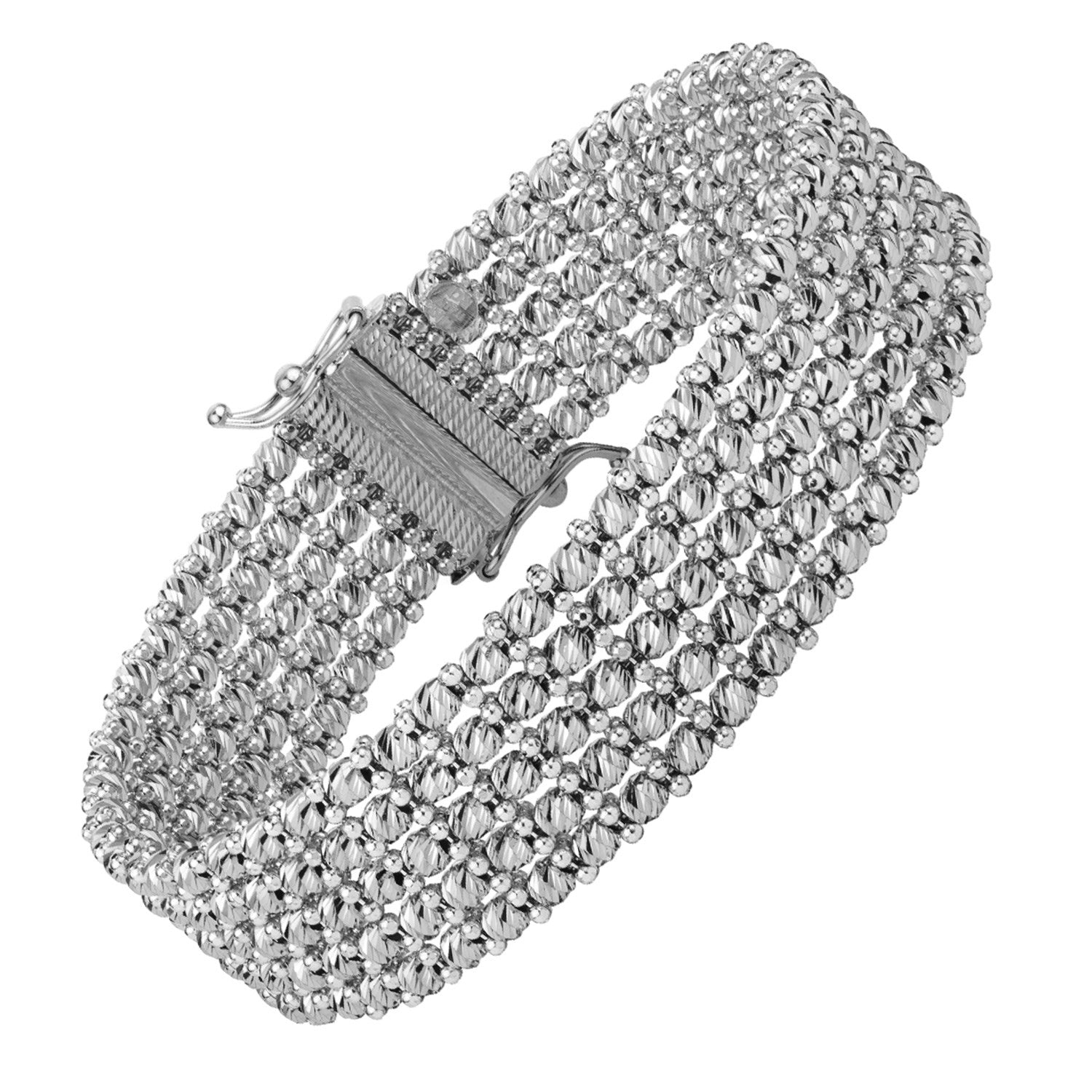 A white gold bracelet with multiple rows of textured and smooth beads.