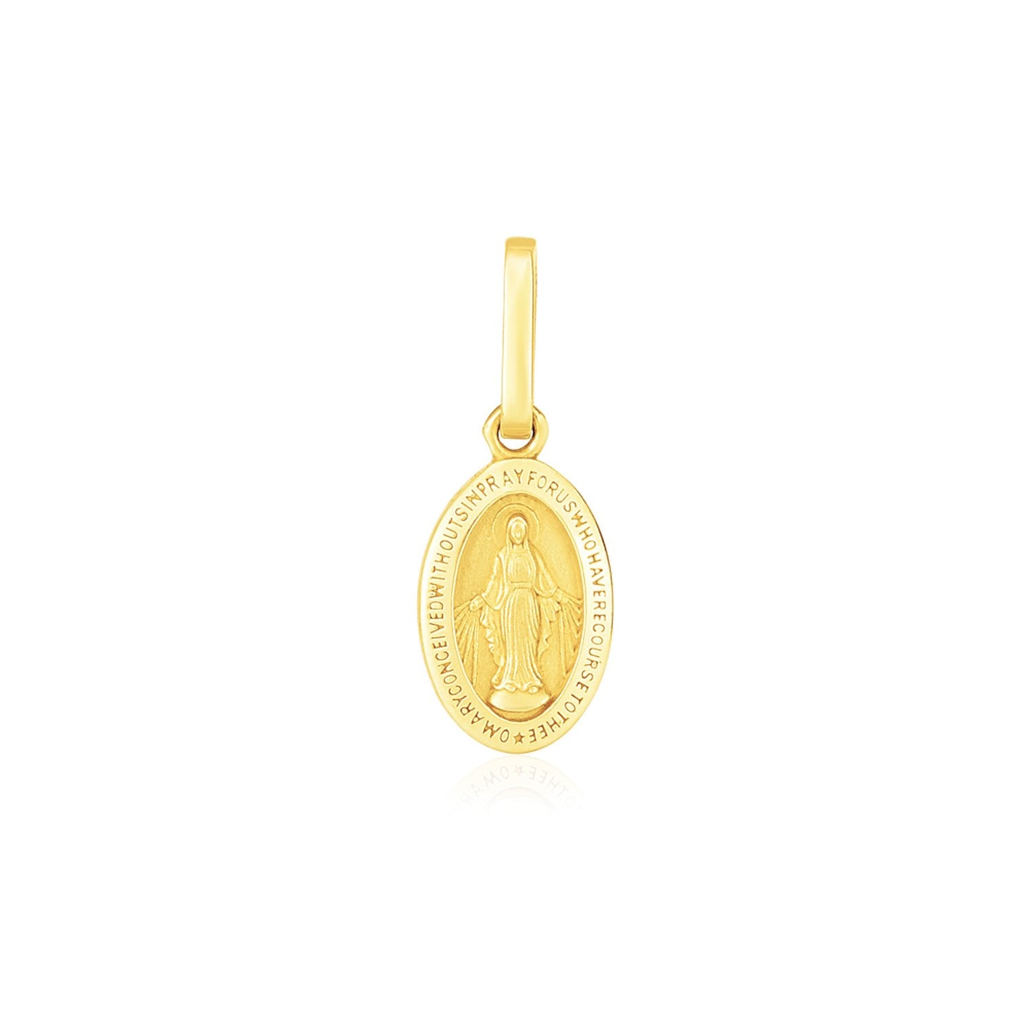 14k yellow gold oval religious medal pendant with a depiction of the Virgin Mary.