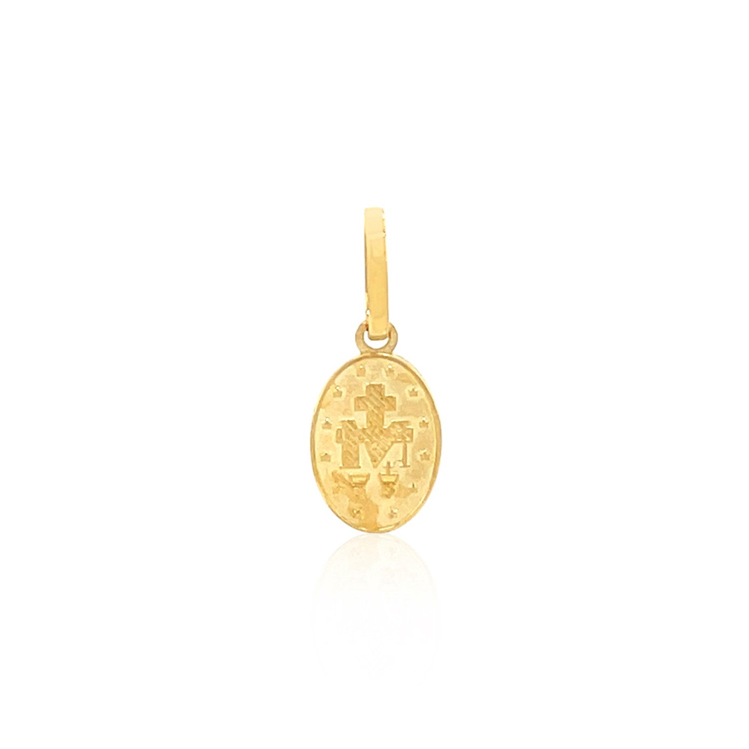 14k yellow gold oval religious medal pendant with an M and cross design.