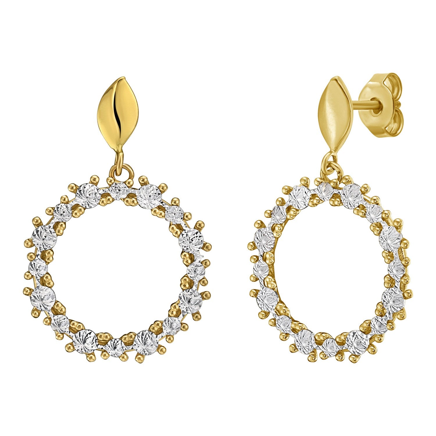 14K yellow gold polished oval hoop earrings with clear stones.