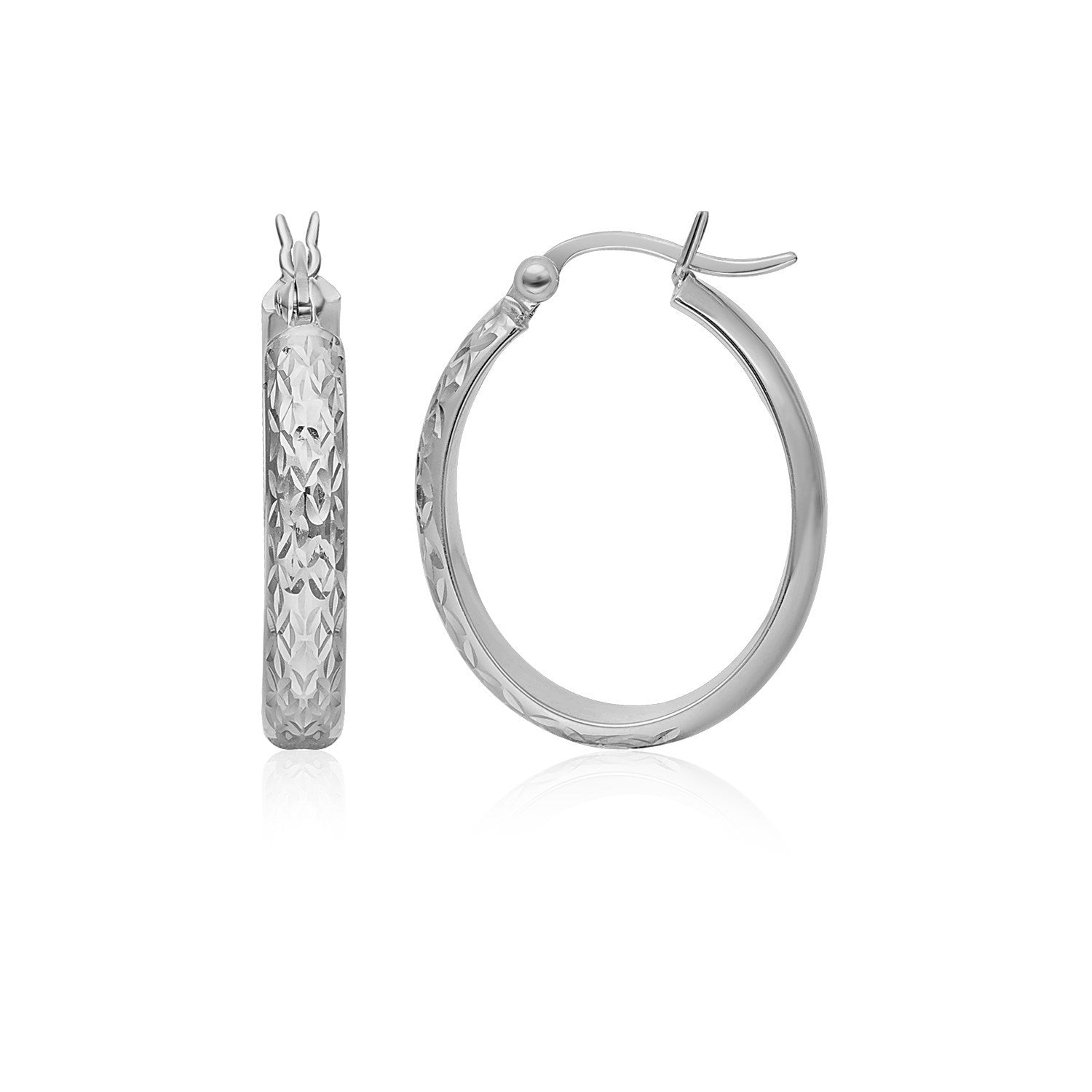 10k white gold hammered oval hoop earrings with a snap lock closure.
