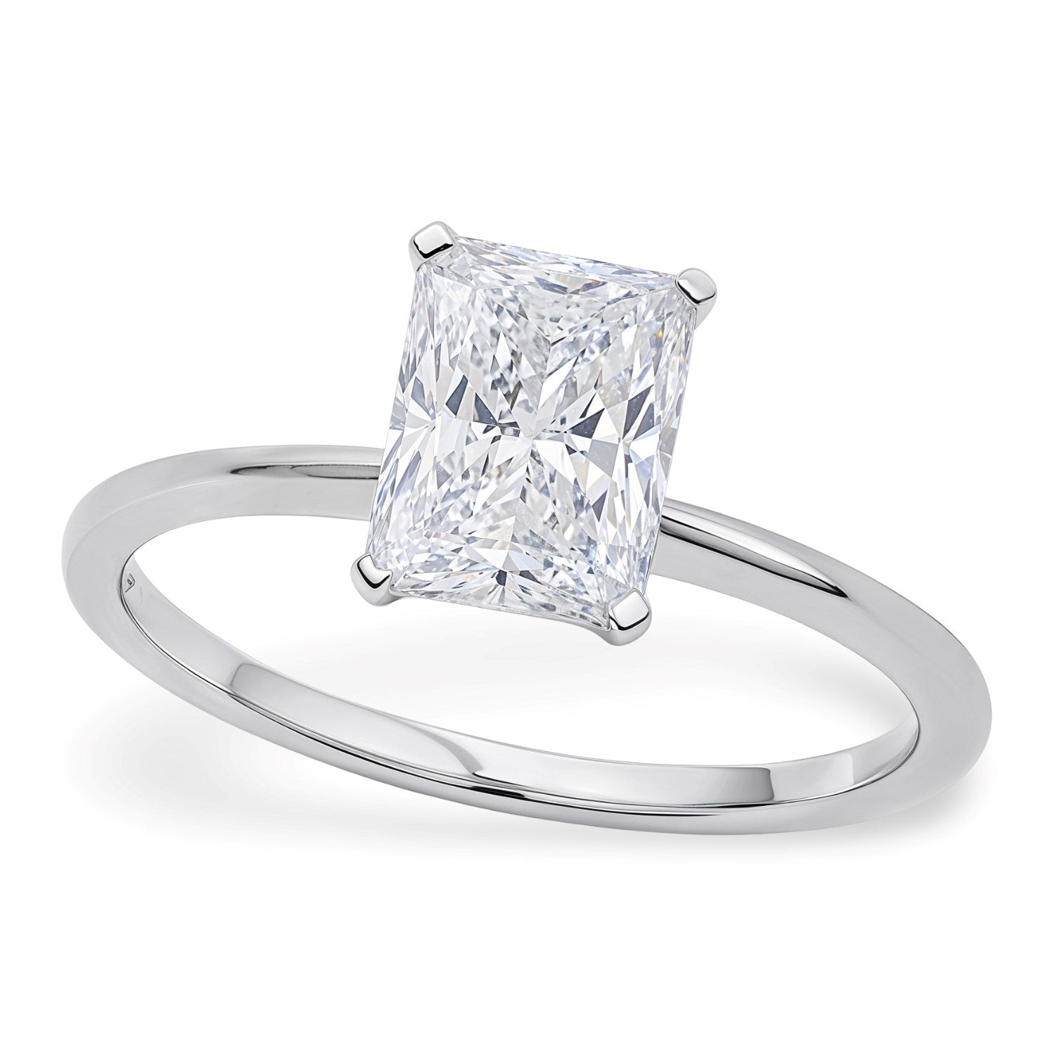 A radiant lab-grown diamond solitaire ring in 10K white gold.