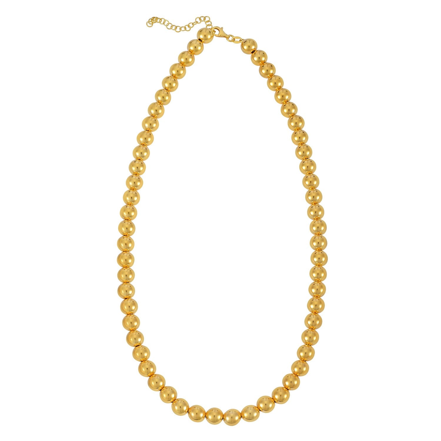 A 14k yellow gold bead chain with an 8mm polished finish and a lobster clasp.