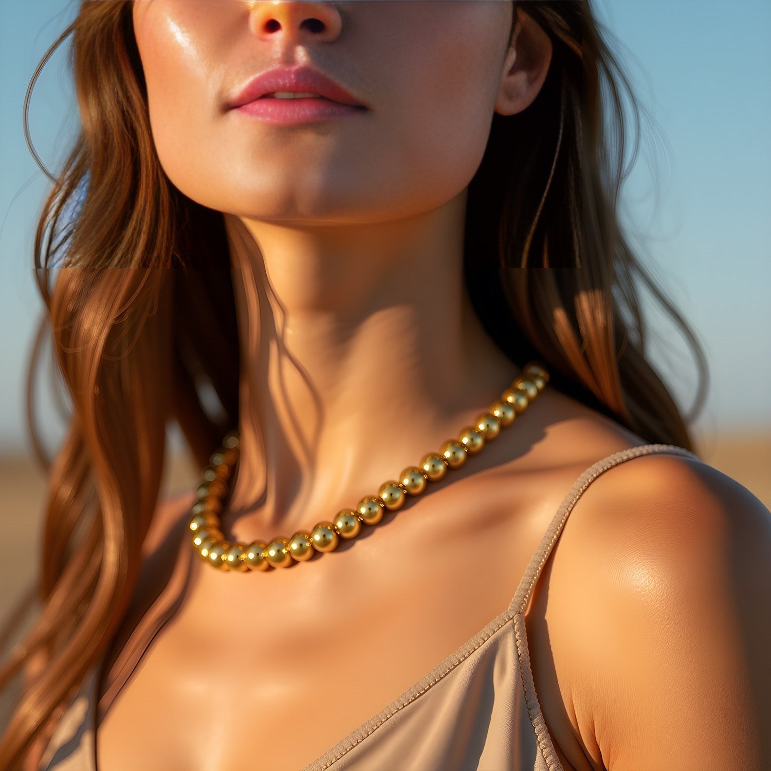 14k yellow gold bead chain with 8mm polished beads on a woman's neck.