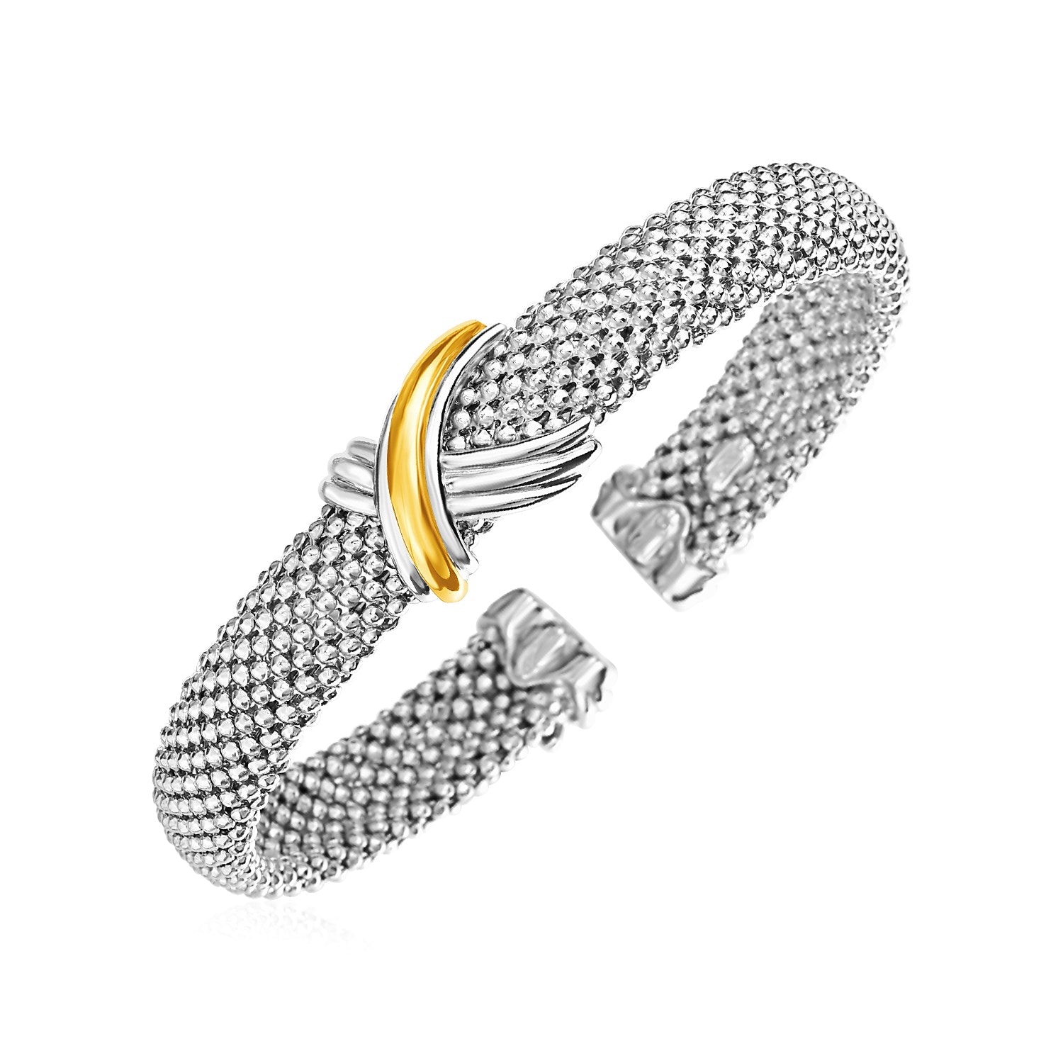 Sterling silver popcorn texture cuff bangle with an 18k yellow gold accent.