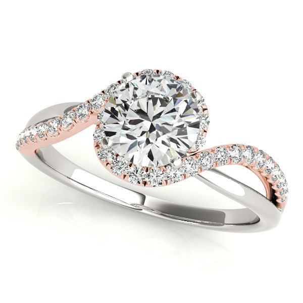14k white and rose gold bypass band diamond engagement ring with a round center stone.