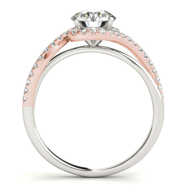 14k white and rose gold bypass band diamond engagement ring with a round center stone.