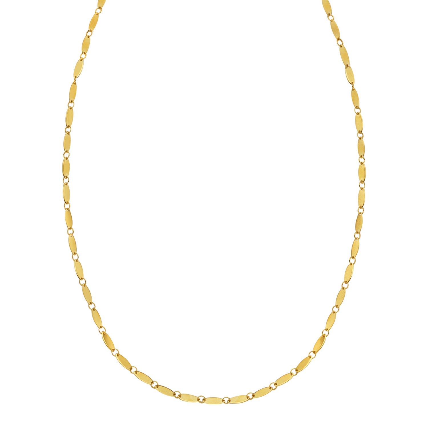 14K yellow gold necklace with flat, pebble-shaped links.
