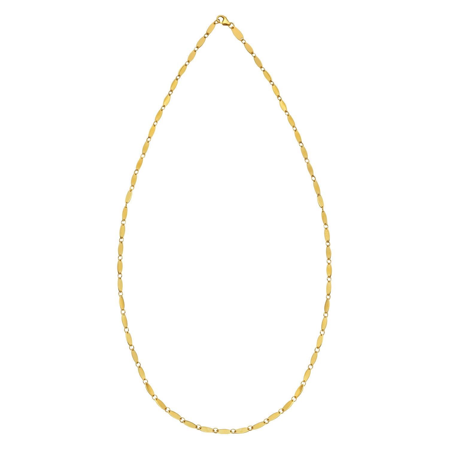 14K yellow gold flat pebble link necklace with a lobster clasp.