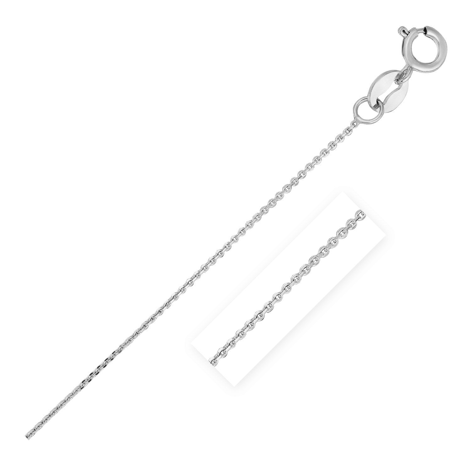 14k white gold diamond cut cable link chain with a spring ring clasp.