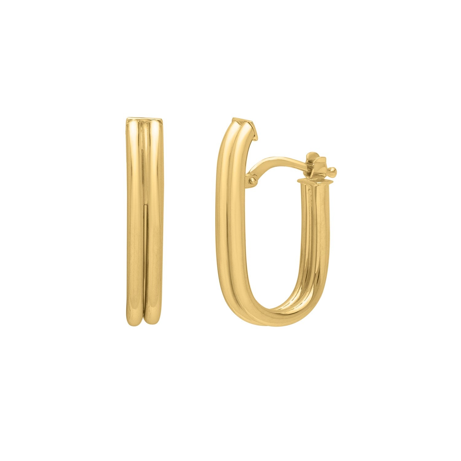 Double oval tube hoop earrings in 14K yellow gold with a hinged snap back.