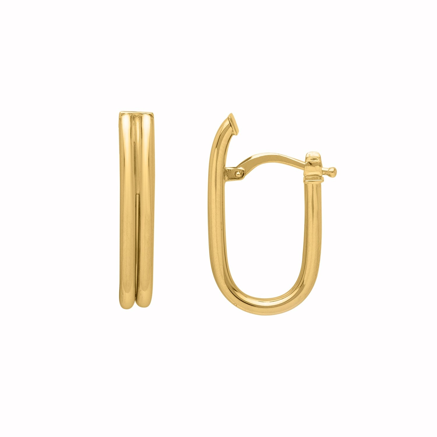 Double oval tube hoop earrings in 14K yellow gold with a hinged snap back.