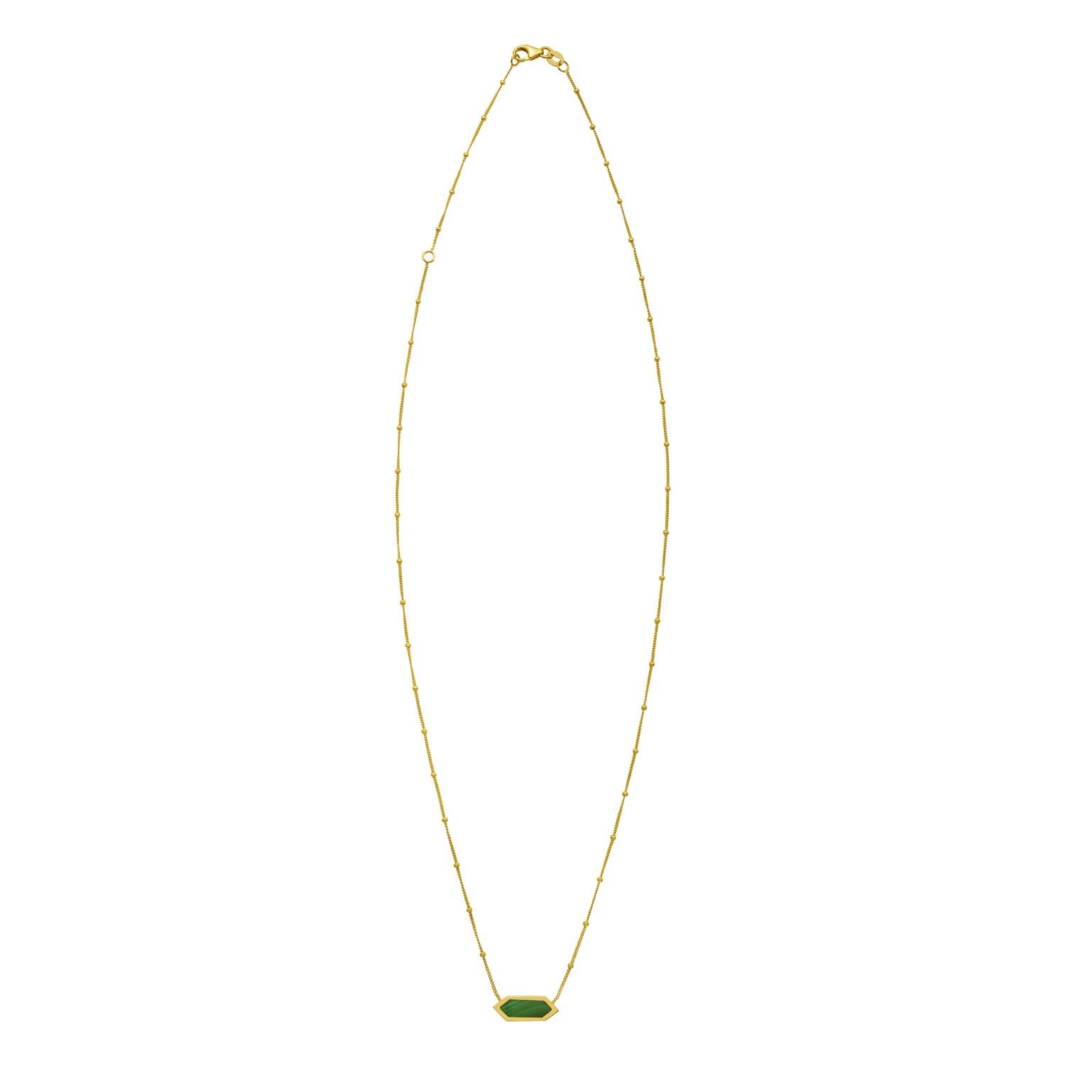 14K yellow gold necklace with a hexagonal malachite pendant on a Saturn chain.