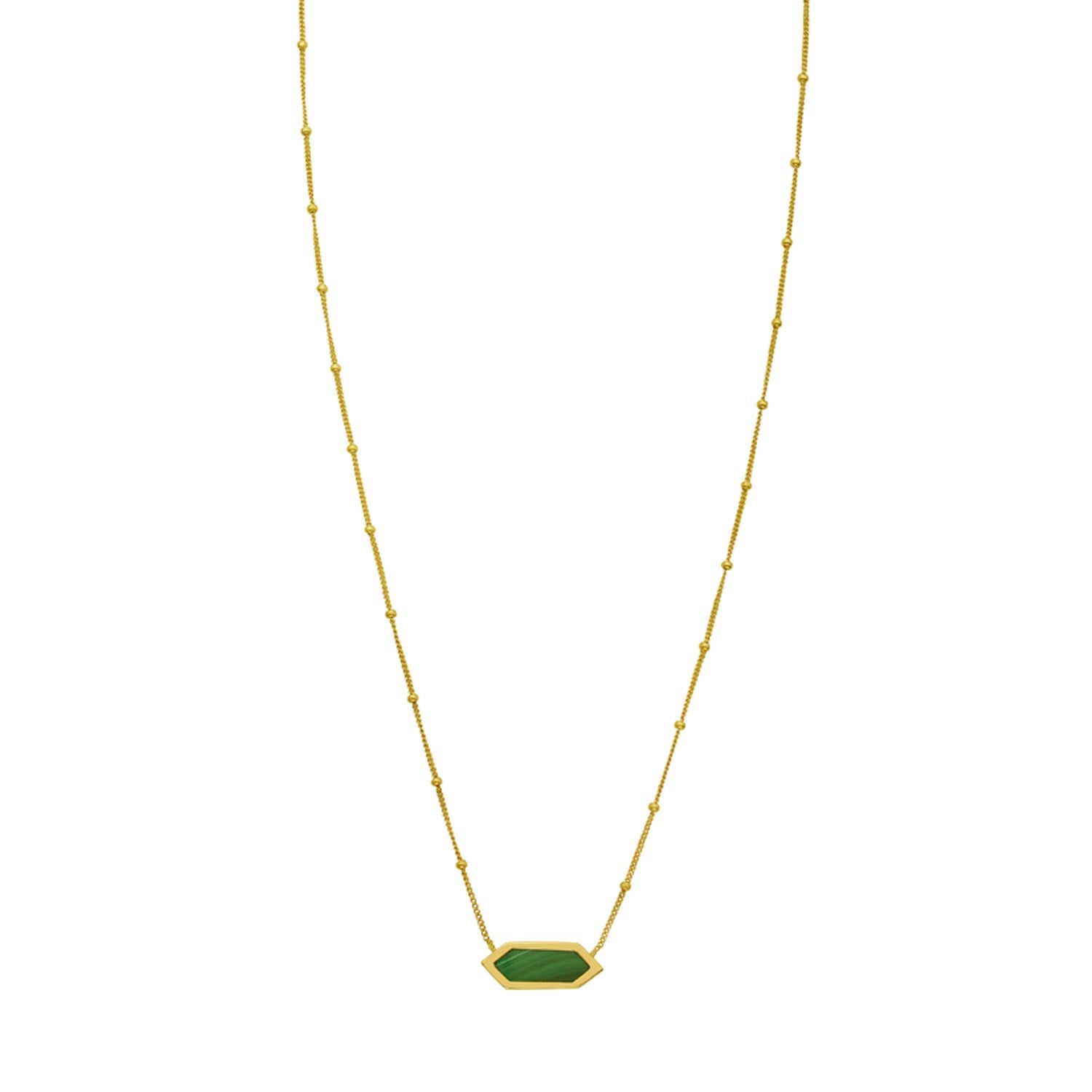 14K yellow gold necklace with a hexagon malachite pendant on a Saturn chain.
