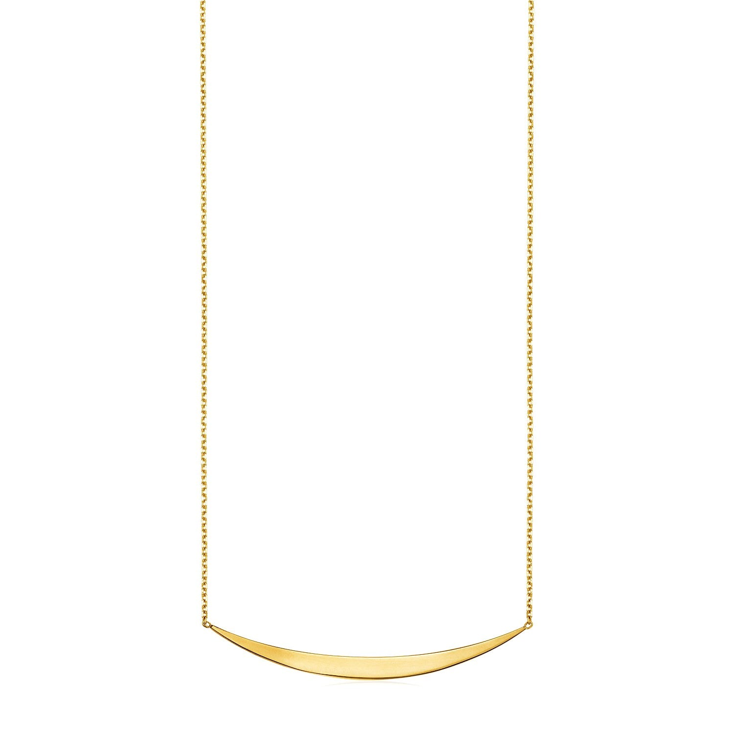 14k yellow gold necklace with a polished, curved bar pendant.