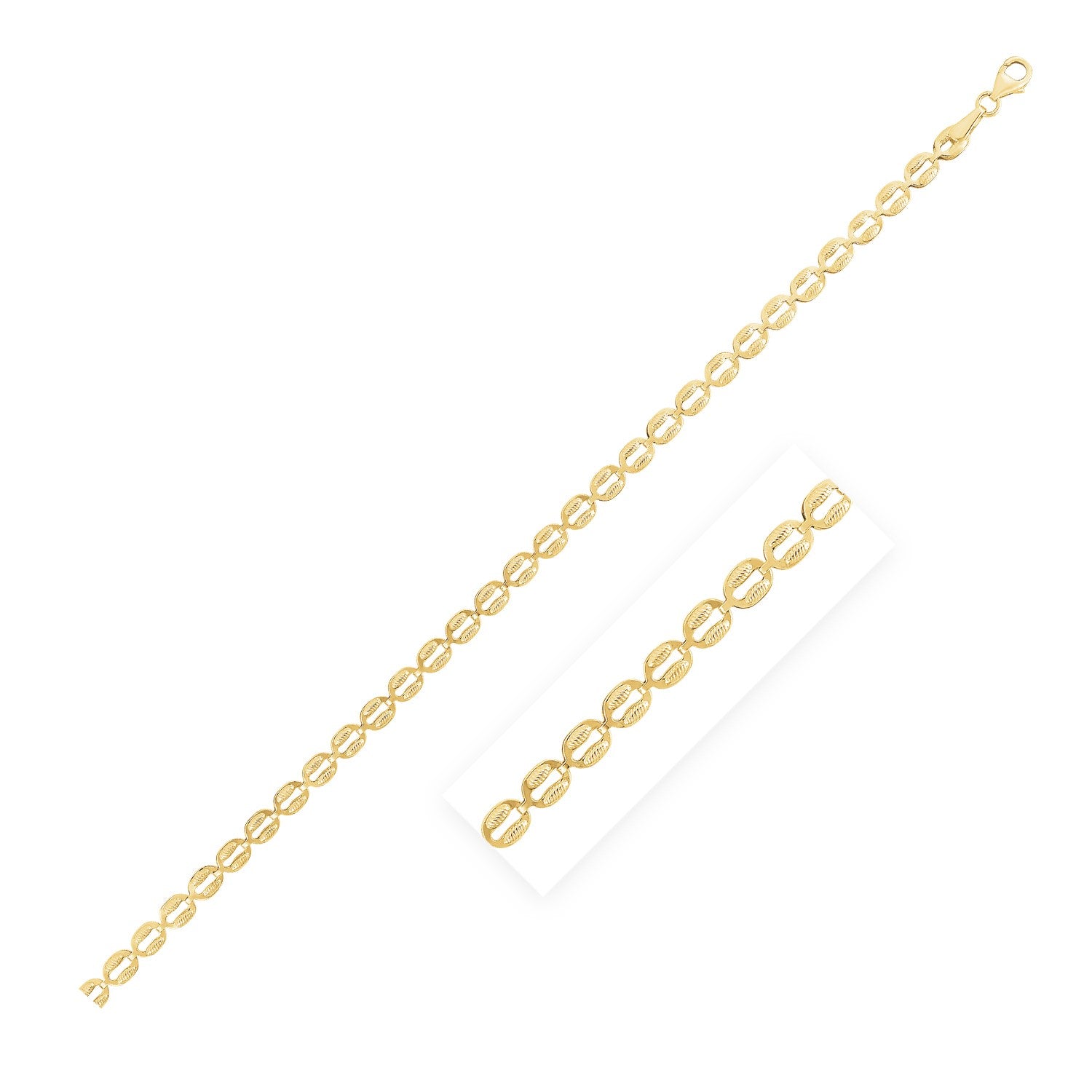 14k yellow gold high polish textured puffed oval link chain with a lobster clasp.