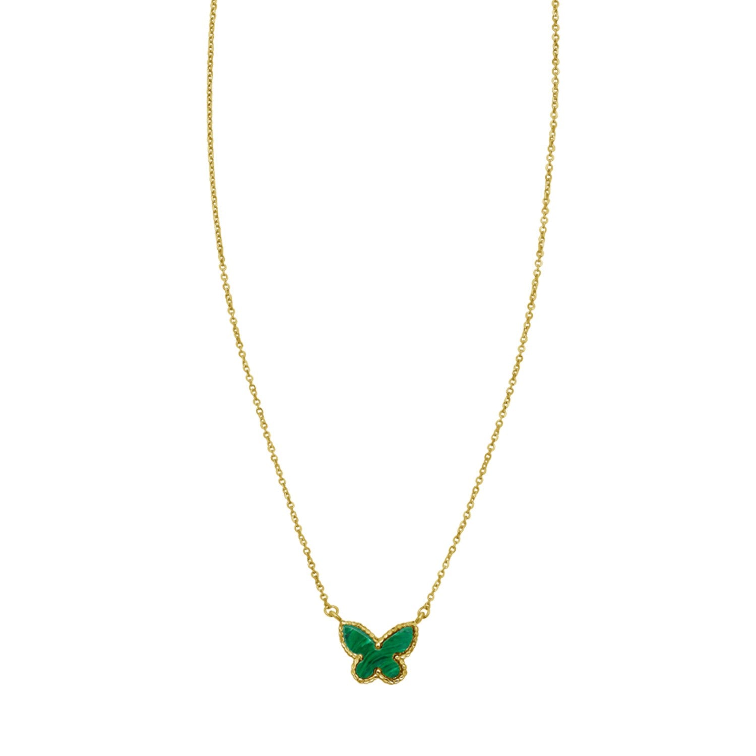 14K yellow gold necklace with a malachite butterfly pendant.