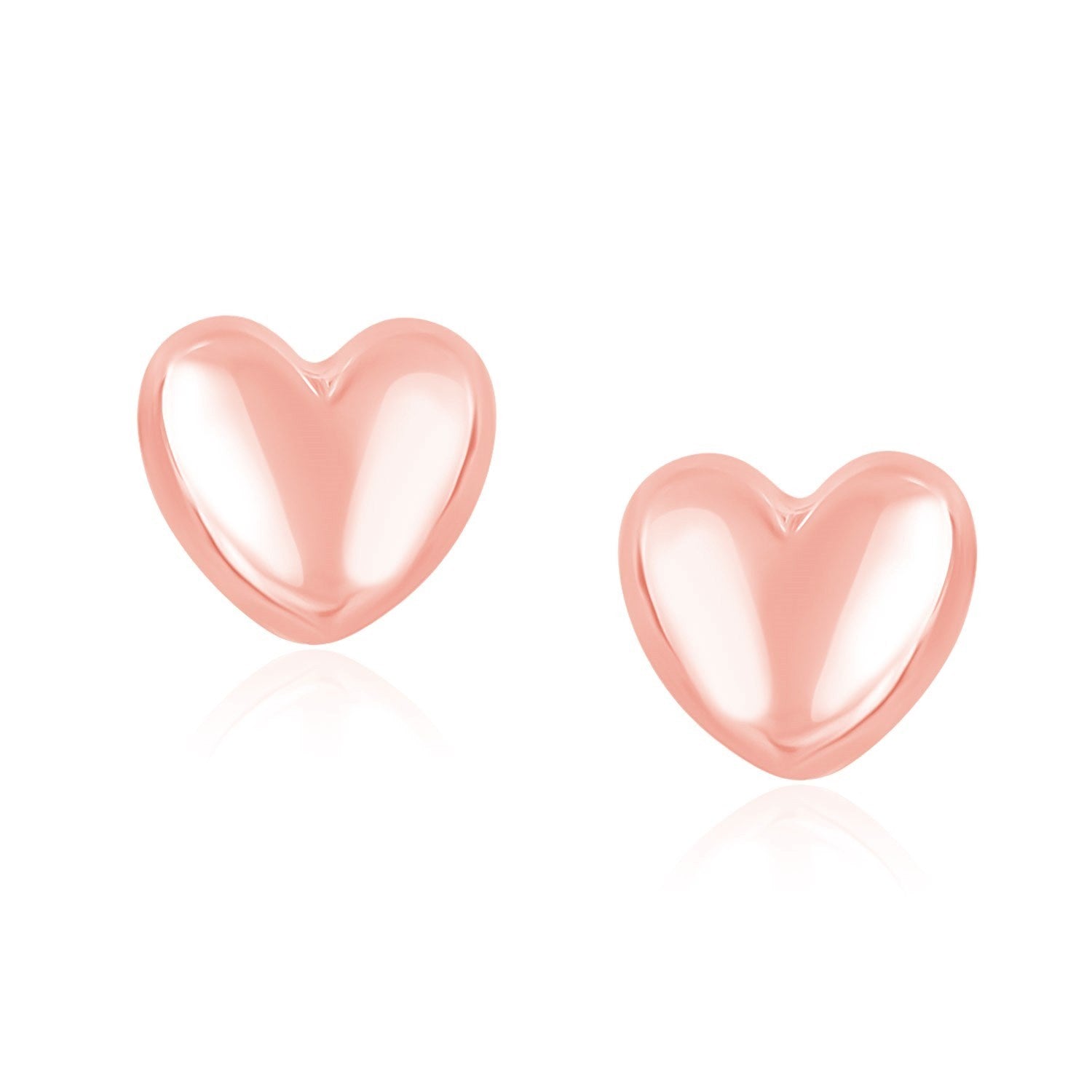 Two shiny, puffed heart-shaped 14k rose gold earrings with push backs.