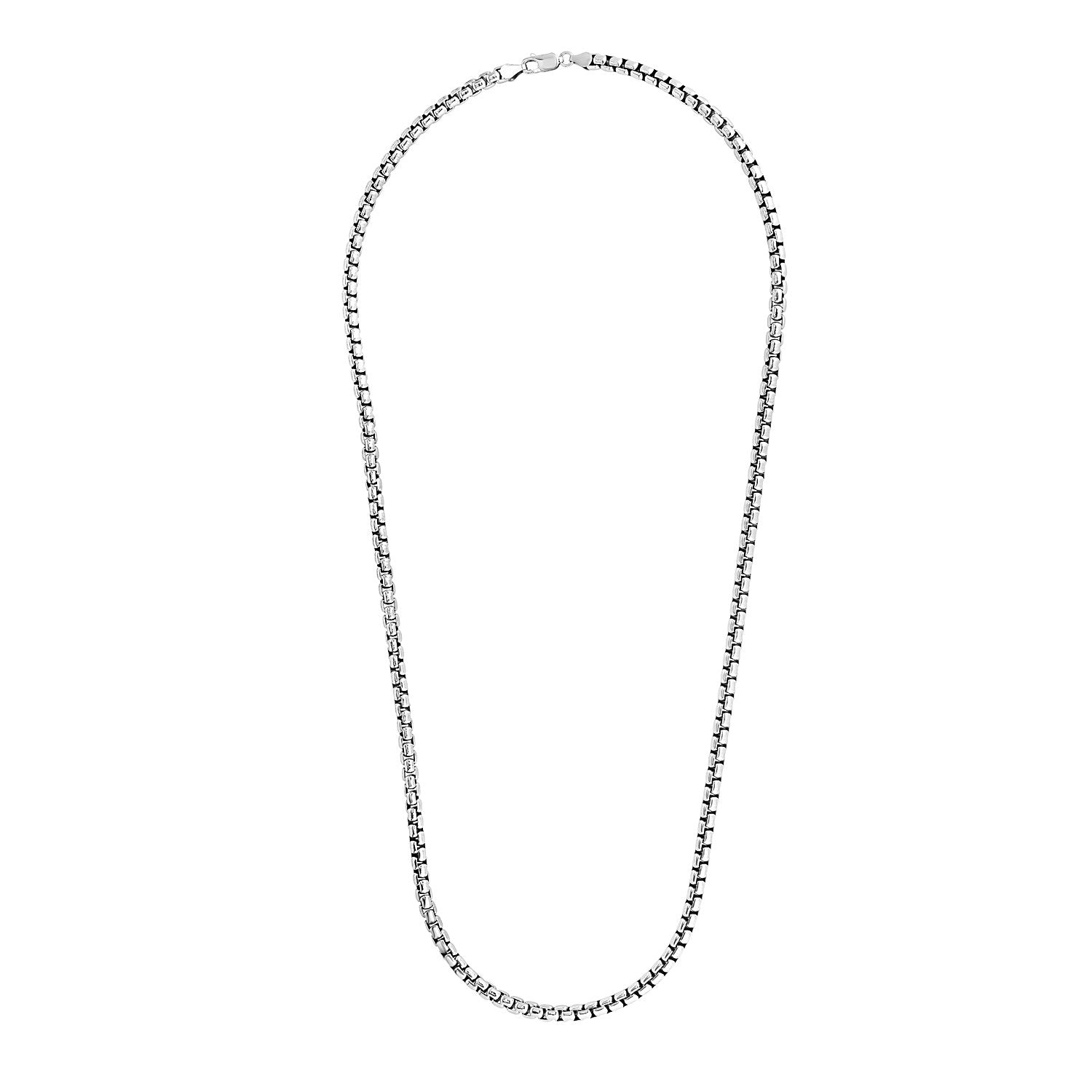 Sterling silver rhodium-plated round box chain with a lobster clasp.