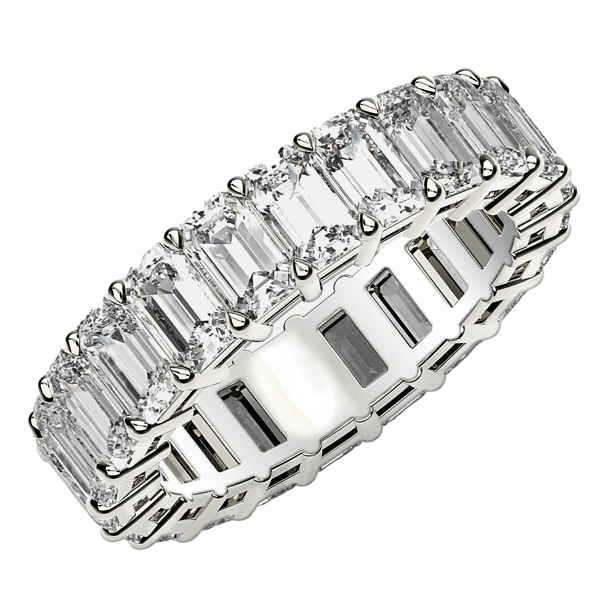 Emerald cut lab grown diamond eternity ring in 14k white gold.