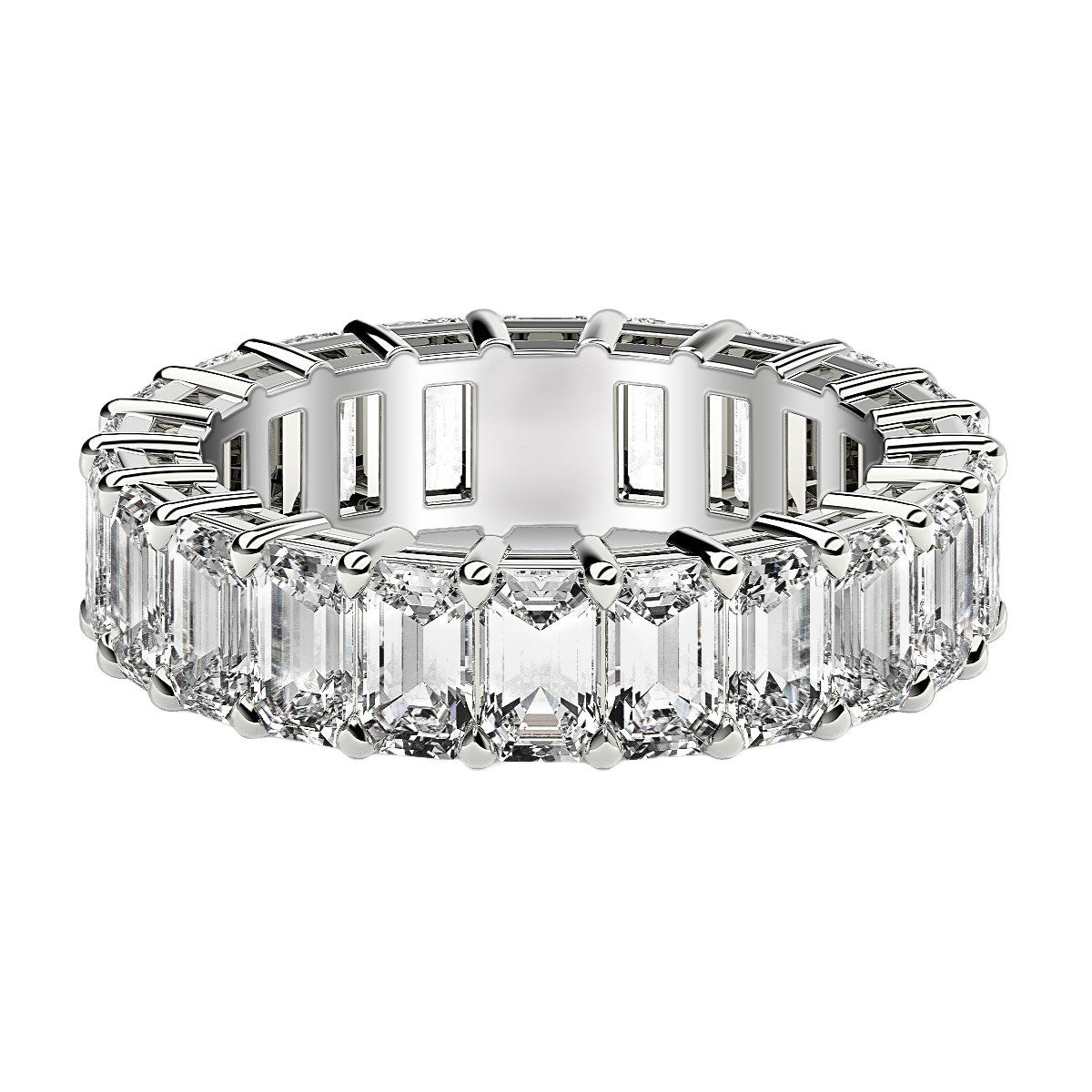 Emerald cut lab grown diamond eternity ring in 14k white gold.