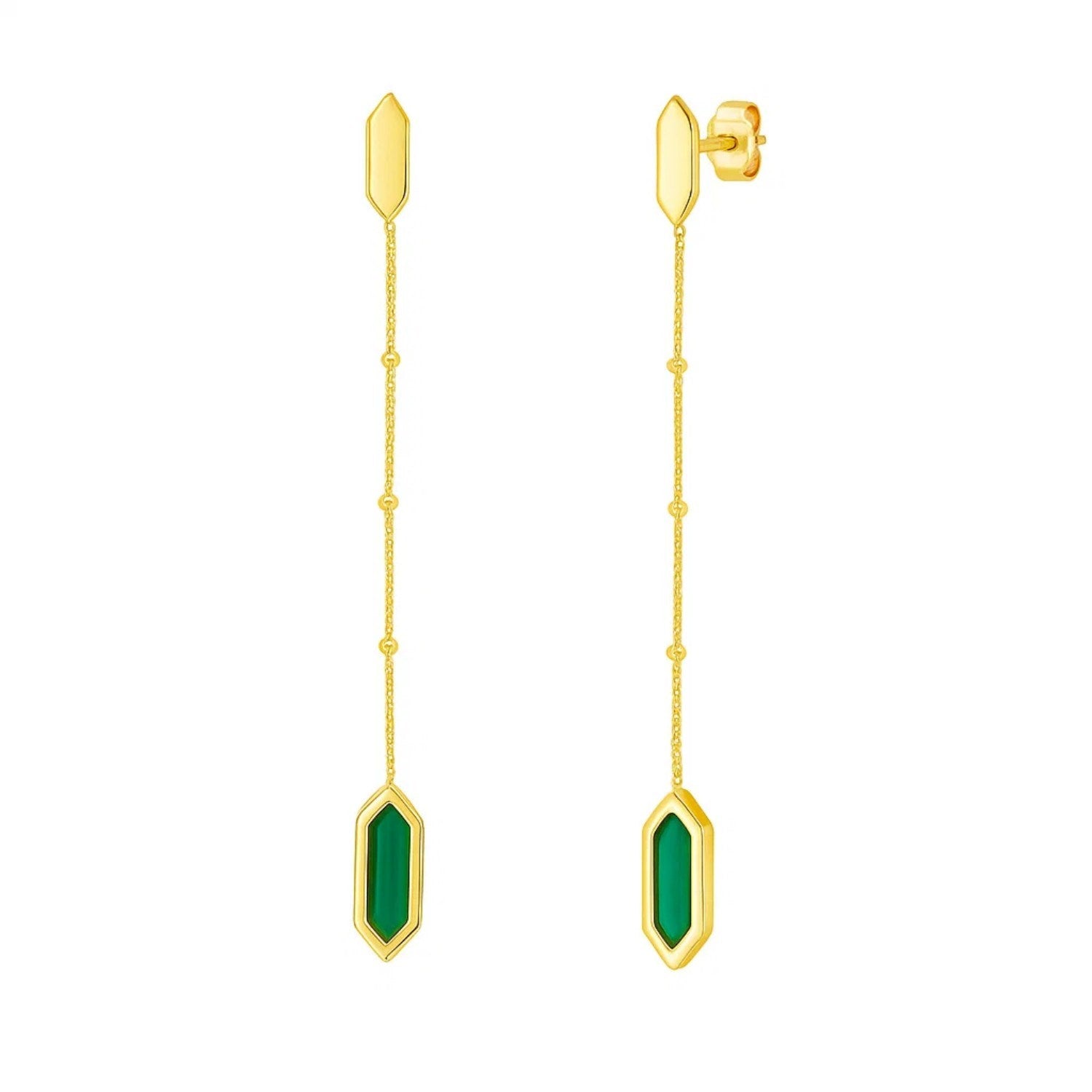 14K yellow gold hexagon malachite drop earrings with Saturn chains.