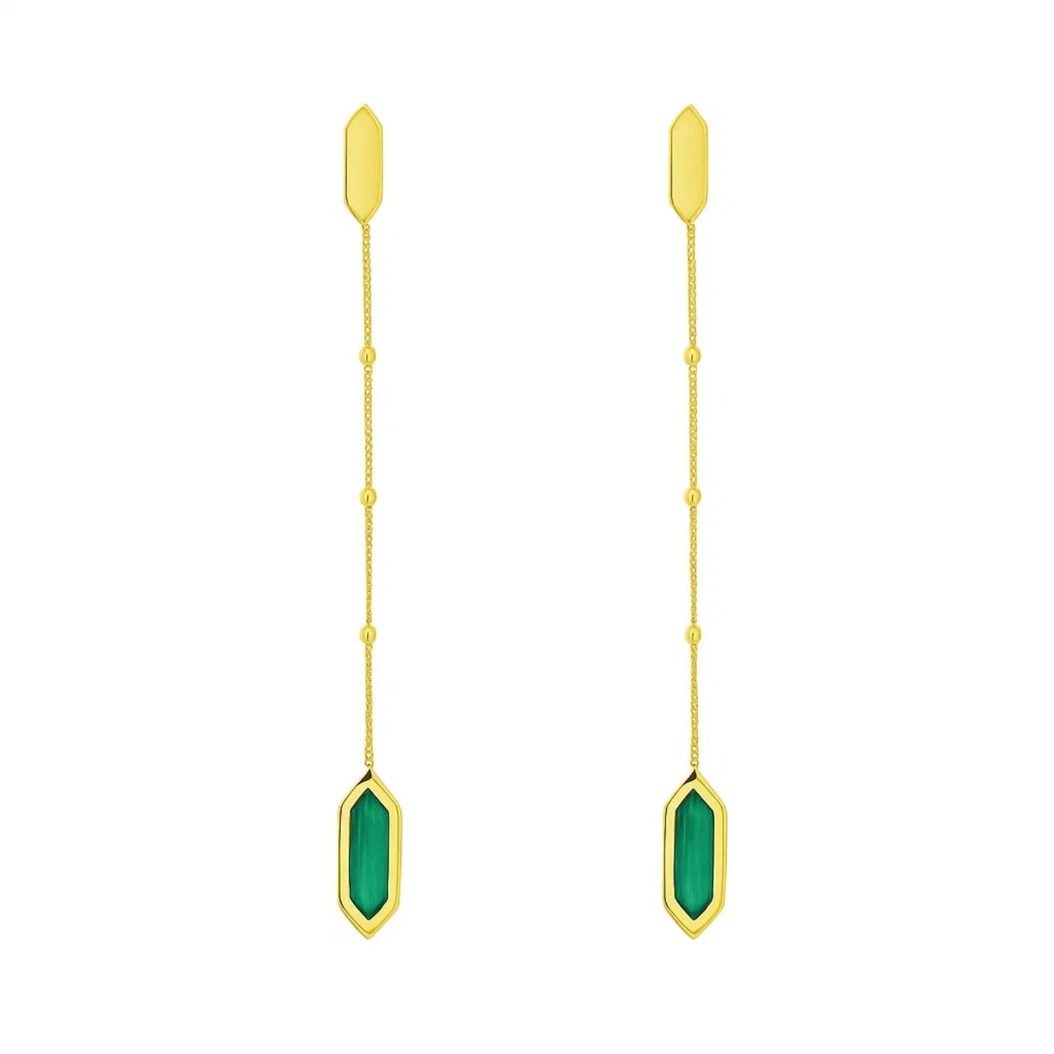 14K yellow gold hexagon malachite drop earrings with delicate Saturn chains.