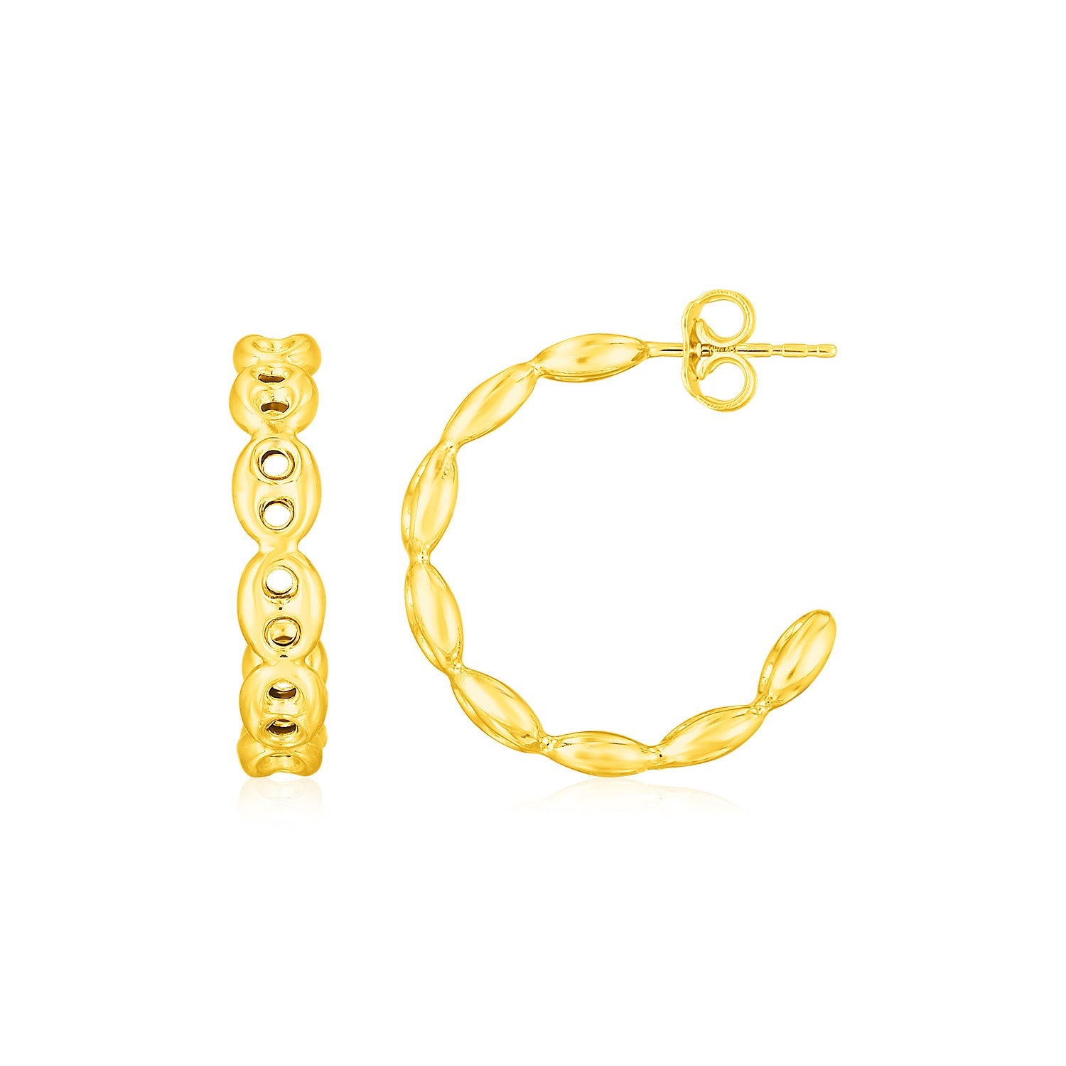 14K yellow gold hoop earrings with a mariner chain design and pushback clasps.