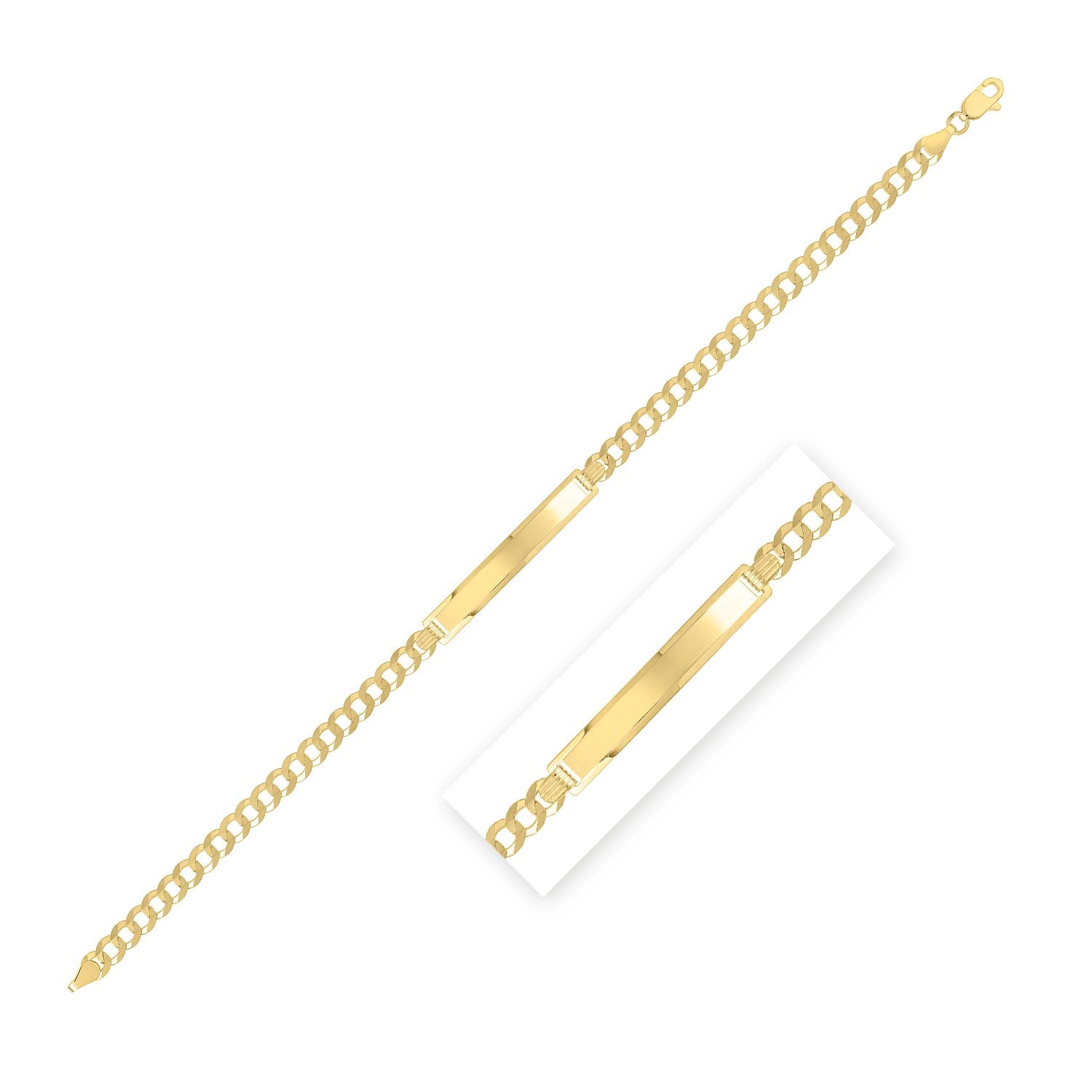 14k yellow gold curb ID bracelet with a polished rectangular plate and lobster clasp.