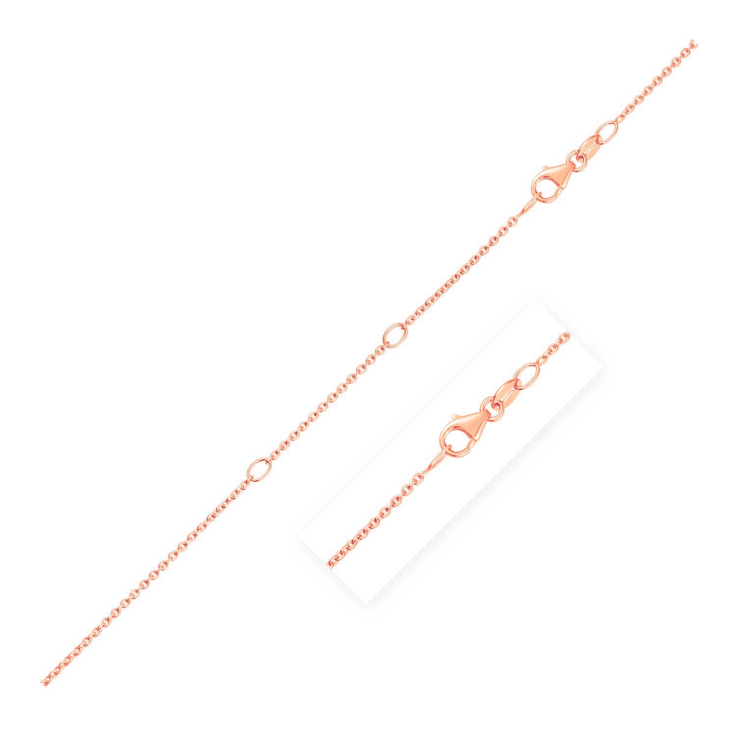 Rose gold diamond cut cable chain with a lobster clasp and extender.