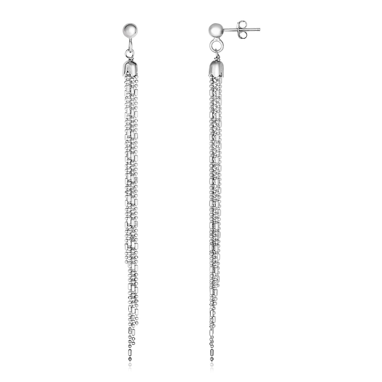 Sterling silver bead chain tassel earrings with pushback clasps.