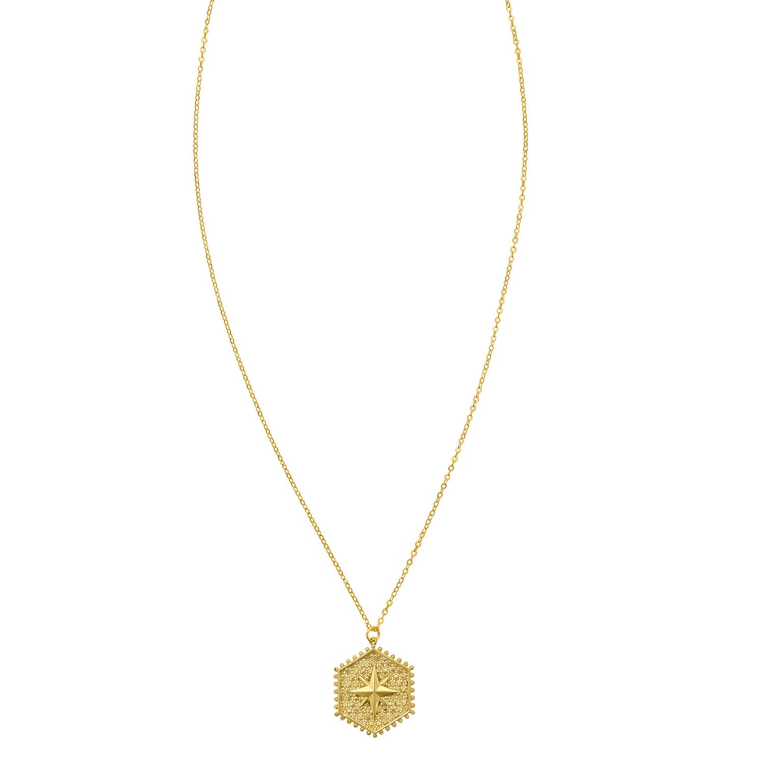 14K yellow gold hexagon necklace with a North Star motif on a cable chain.