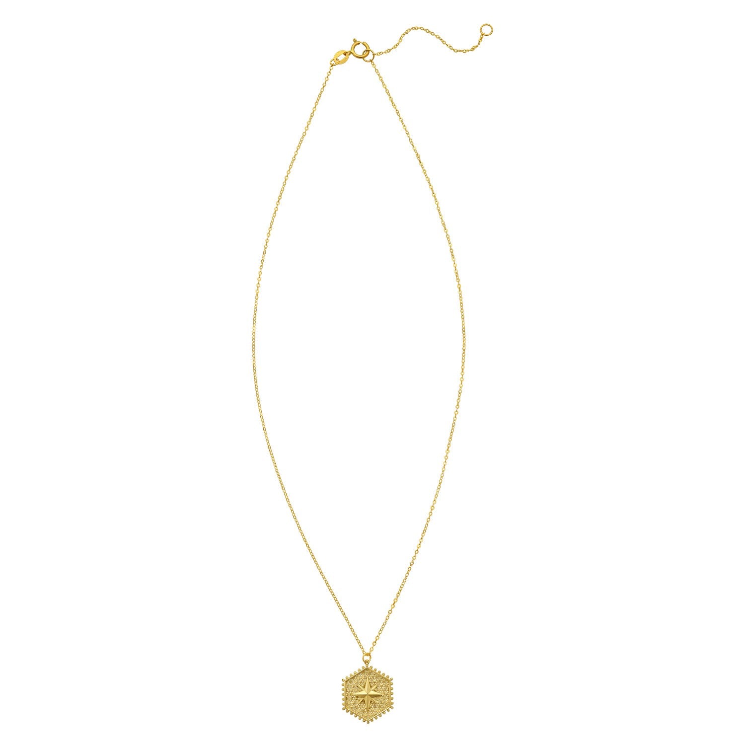 14K yellow gold North Star hexagon necklace with a cable chain and spring ring clasp.