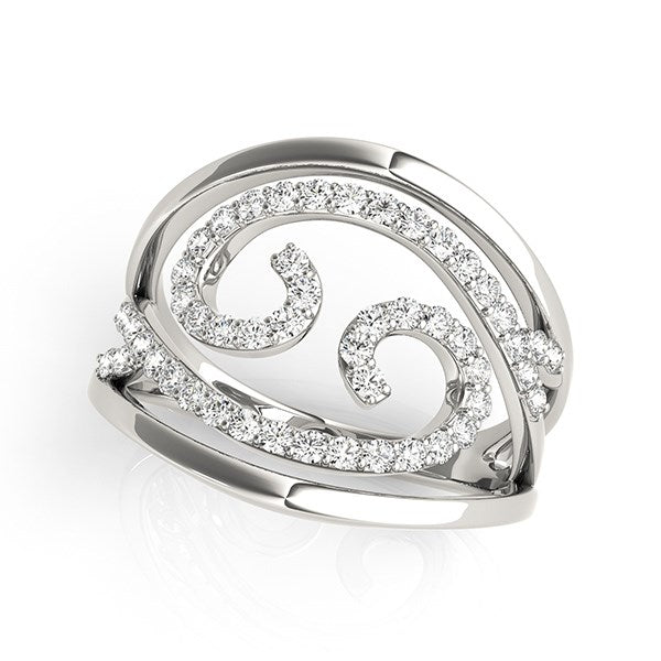Swirl design diamond ring in 14k white gold with 46 round diamonds.