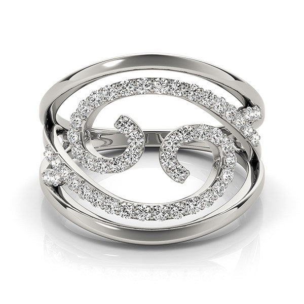 Swirl design diamond ring in 14k white gold with 46 round diamonds.