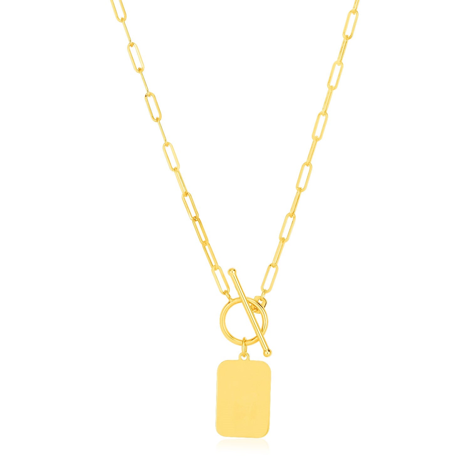 14k yellow gold paperclip chain necklace with a rounded rectangle pendant and toggle clasp.