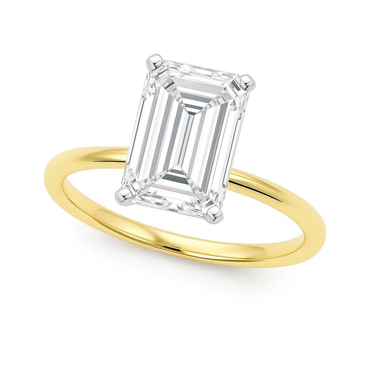A 5 carat emerald lab grown diamond solitaire ring in 10K yellow gold.
