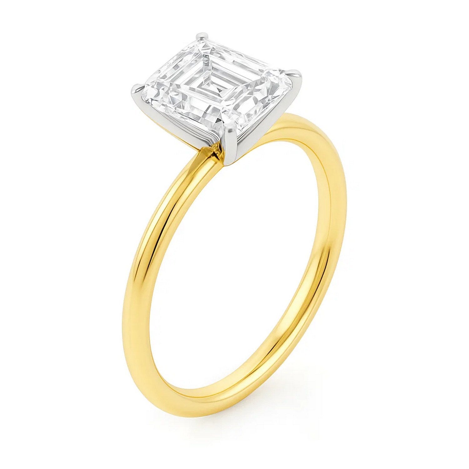 A 10K yellow gold solitaire ring with an emerald-cut lab-grown diamond.
