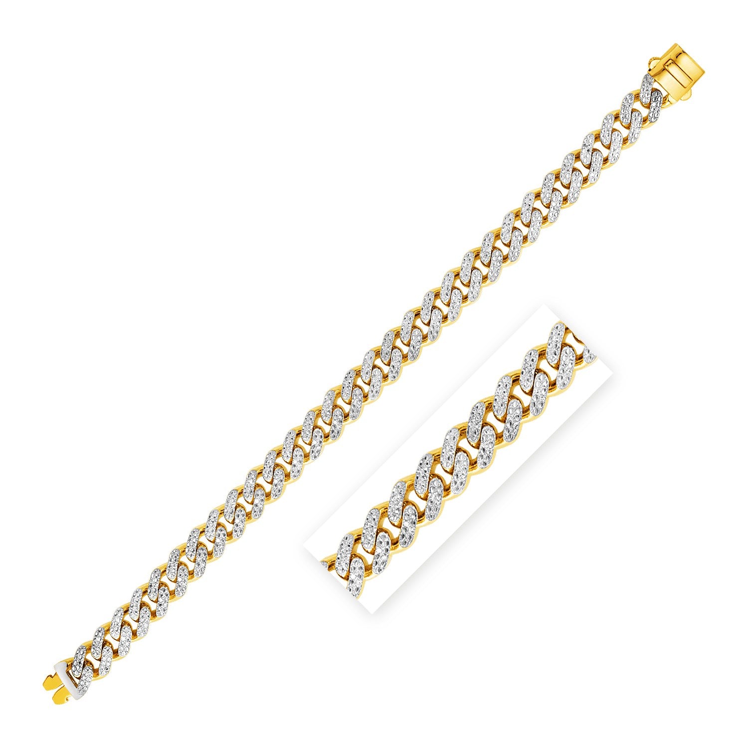 14k two-tone gold curb chain bracelet with diamond pave links and a box clasp.