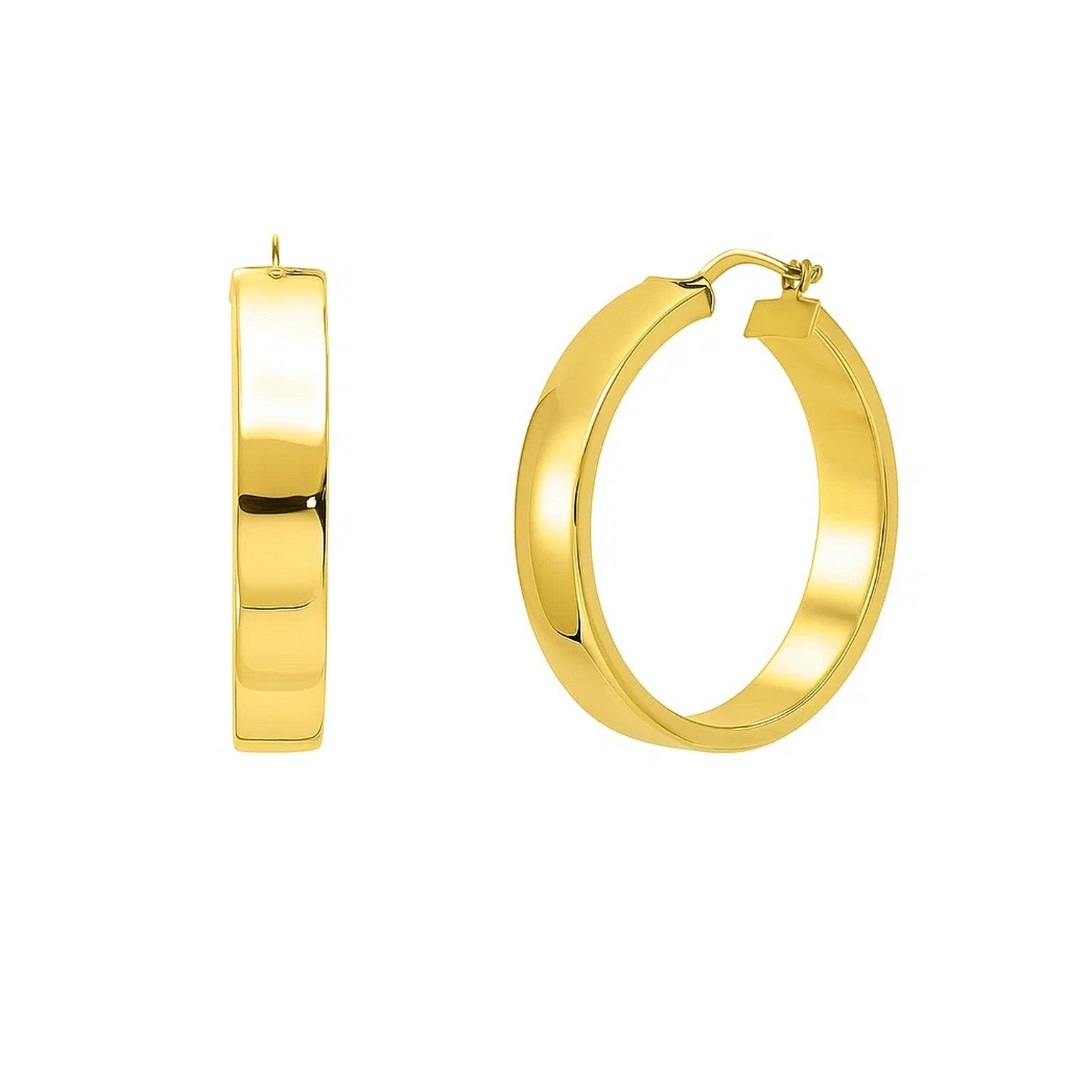Large tube-shaped hoop earrings in 14K yellow gold with a hinged snap back.