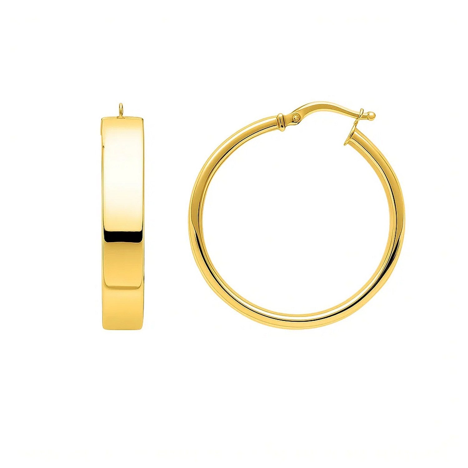 Large tube-shaped hoop earrings in 14K yellow gold with a hinged snap back.