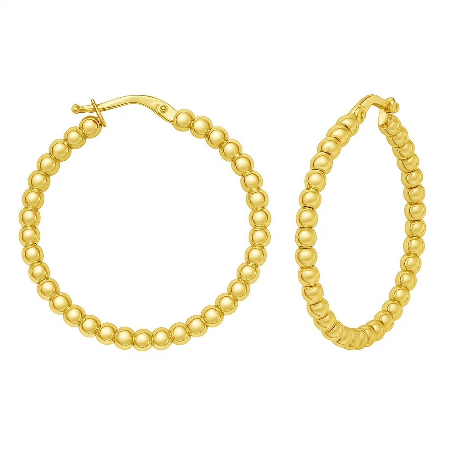 14K yellow gold polished large bead hoop earrings with a hinged snap back.
